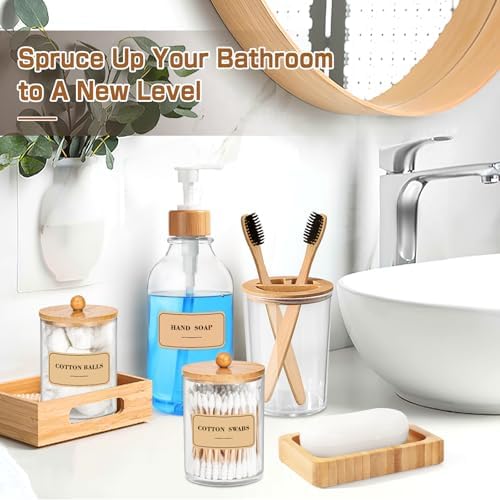 Bamboo Bathroom Accessory Set 5 Pcs, Boho Bathroom Accessories Sets Complete, Clear Bath Soap Dispenser and Toothbrush Holder Set, Soap Dish, Cotton Swab Jar, Boho Organizer