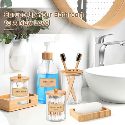 Bamboo Bathroom Accessory Set 5 Pcs, Boho Bathroom Accessories Sets Complete, Clear Bath Soap Dispenser and Toothbrush Holder Set, Soap Dish, Cotton Swab Jar, Boho Organizer