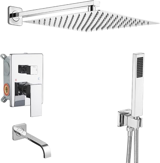 Polished Chrome Rain Shower System Tub Shower Faucet Set 12 Inch Square Rainfall Shower Head with Handheld Sprayer and Tub Spout Rough-in Valve Shower Mixer Combo Kit