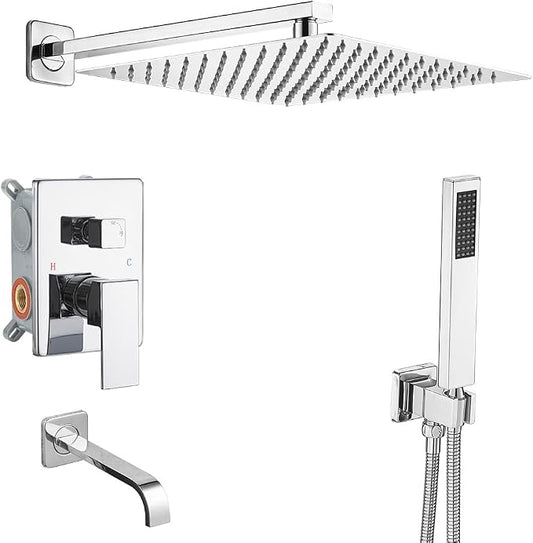 Polished Chrome Rain Shower System Tub Shower Faucet Set 12 Inch Square Rainfall Shower Head with Handheld Sprayer and Tub Spout Rough-in Valve Shower Mixer Combo Kit