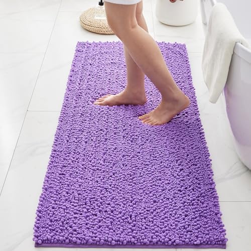 Bathroom Rugs Non Slip Washable 70x24, Extra Thick Soft Chenille Absorbent Bath Mat, High Density Barrier Non Slip Backing, Quick Dry Plush Shaggy Floor Carpet for Tub&Shower, Purple