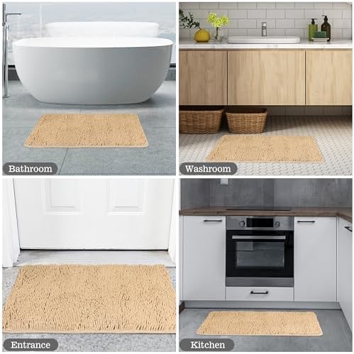 Yeaban Chenille Ivory Cream Bathroom Rug 17"x24", Non-Slip Rubber Backing