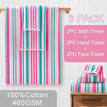 VOOVA & MOVAS Striped Towels 6 Pack, 100% Cotton, Pink Aqua