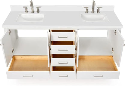 DKB Beckford 72 Inch Bathroom Vanity Double Sink — White Bathroom Vanity with Sink, 1.5" Edge Pure White Quartz Countertop & Backsplash, 4 Soft-Close Doors, 6 Dovetail Drawers