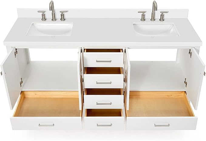 ARIEL Cambridge 72-inch Bathroom Vanity with Sink,Solid Wood, 1.5-inch Pure White Quartz Countertop & Backsplash, Double Rectangular Porcelain Sink, 4 Soft Closing Doors, 6 Dovetail Drawers, White