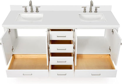 ARIEL Cambridge 72-inch Bathroom Vanity with Sink,Solid Wood, 1.5-inch Pure White Quartz Countertop & Backsplash, Double Rectangular Porcelain Sink, 4 Soft Closing Doors, 6 Dovetail Drawers, White