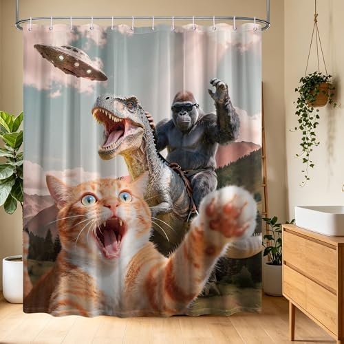 Funny Cat Riding Dinosaur Shower Curtain UFO, 70x72 Inch