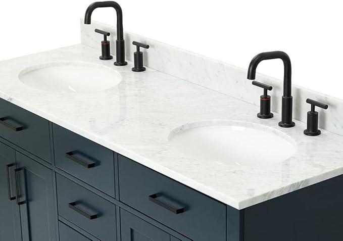 ARIEL Hepburn 60-inch Bathroom Vanity with Sink,Solid Wood, 0.75-inch Italian Carrara Marble Countertop, Double Oval Porcelain Sink, 4 Soft Closing Doors, 6 Dovetail Drawers, Midnight Blue