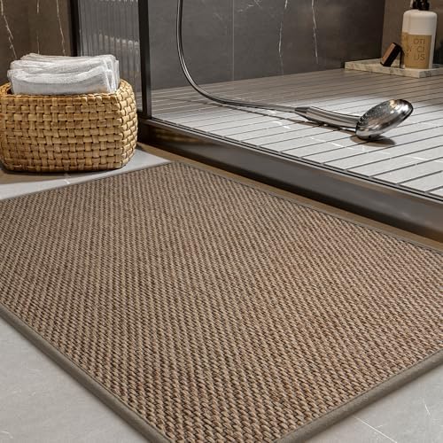PADOOR Non-Slip Bath-Mats, Rubber-Backing Braided Absorbent Bathroom Mat Machine Washable Thin Bathroom Rugs Fit Under Door Quick Dry Bath Rugs for Floor, 17''x24'' Brown