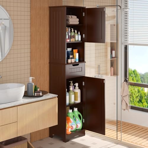 Gizoon 67” H Tall Bathroom Storage Cabinet, Narrow Cabinet, Dark Brown