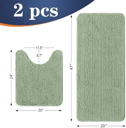 OLANLY Chenille Bathroom Rugs Mats Set 2 Piece, 47"x20"+24"x20", Sage Green