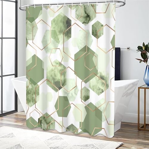 deFouliao Light Green Shower Curtain Geometric Grid Ink Green Modern Abstract Bathroom Shower Curtain Sets Waterproof Fabric for Home Hotel Bathtub Art Decor, with Hooks, 60x72 Inch