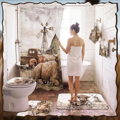 FuWeave 8 Pcs Highland Cow Shower Curtain Sets for Bathroom Farm Daisy Cattle Shower Curtain Sets Rustic Farmhouse Bathroom Accessories with Towels Carpet Bath Mat Toilet Rugs and 12 Hooks