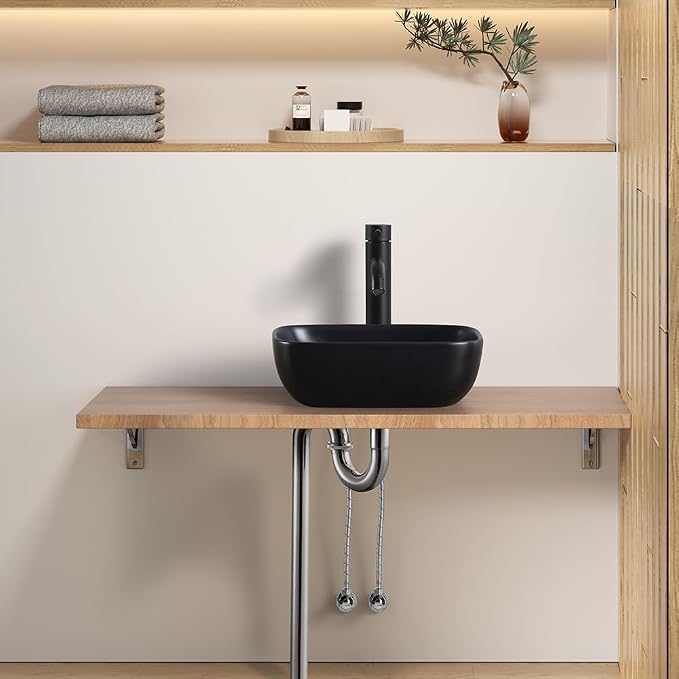 Black Vessel Sink 14.5"x10" Small Bathroom Sink Above Counter | 14 Inch Small Vessel Sink Black Ceramic Porcelain Bowl for Vanity Wash Basin Countertop Design