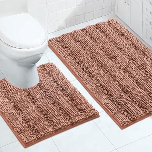 2-Piece Bathroom Rug Set with U-Shaped Mat, Absorbent Chenille, Muted Clay