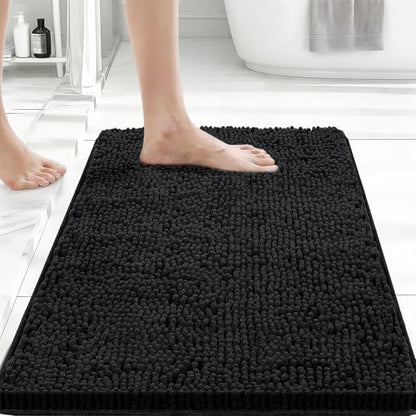 Bcoimo Small Bath Rug Mat,24x17 Chenille Non Slip Black Bathroom Floor Mats
