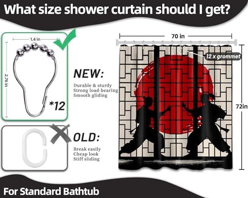 Anime Shower Curtain Japanese Black and Red Asian Cool Shower Curtains for Mans Bathroom Decor Sets, Waterproof Cloth Fabric with Hooks, 70x72 Inch