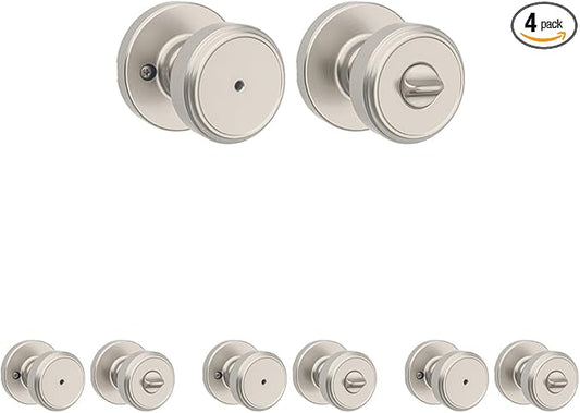 Kwikset Maven Interior Privacy Door Knob with Lock, Round Door Handle for Bathroom and Bedroom, Satin Nickel Keyless Turn Lock Doorknob, with Microban Protection (Pack of 4)