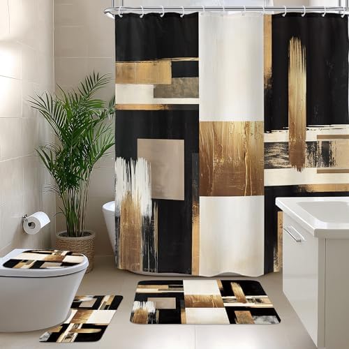 Black Gold Abstract Modern Oil 4Pcs Bathroom Shower Curtain Set with Rugs