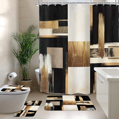 Black Gold Abstract Modern Oil 4Pcs Bathroom Shower Curtain Set with Rugs