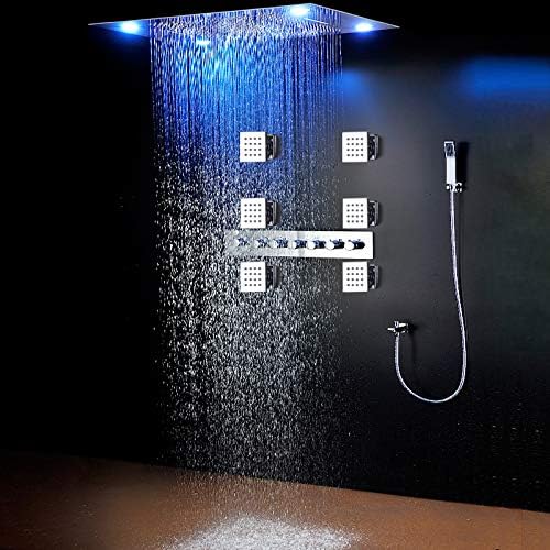 Cascada Classic 23"x31" Large Rain Shower Set With Waterfall LED Rectangle 4 Function Shower Head, Massaging Body Jets & Handheld, Brushed Nickel | Luxurious 6 Functions (Rainfall, Waterfall, Curtain, Misty, Body Jets & Handheld) | 7 Knob Valve (NON Mu...