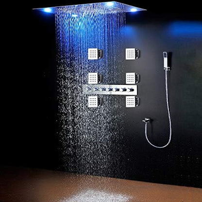 Cascada Classic 23"x31" Large Rain Shower Set With Waterfall LED Rectangle 4 Function Shower Head, Massaging Body Jets & Handheld, Brushed Nickel | Luxurious 6 Functions (Rainfall, Waterfall, Curtain, Misty, Body Jets & Handheld) | 7 Knob Valve (NON Mu...