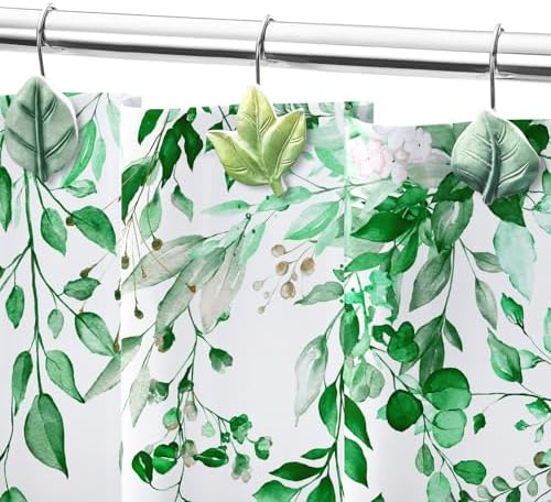 Green Plant Leaf Shower Curtain Hooks,Eucalyptus Bathroom Decor,12PCS