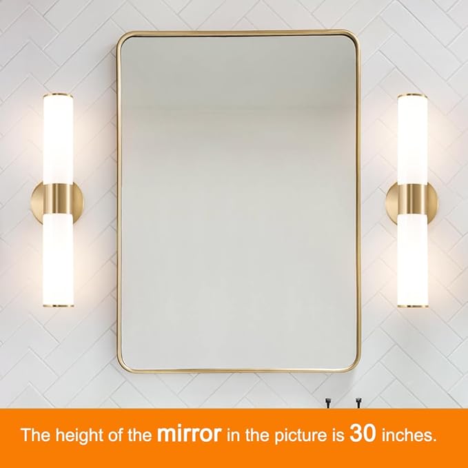 Brushed Gold Wall Sconces Set of 2 (Hardwired Only), Bathroom Vanity Light Fixtures, Modern Mikly White Glass Wall Lights for Mirror 28-40 inch Height, NOT Battery Operated, E26 Base (Without bulb)