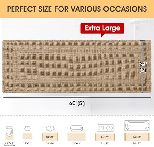 IM HOME Extra Large Waffle Bath Mat, Boho Bathroom Rugs Absorbent Non Slip, Soft Bathroom Mats, Machine Washable Knit Bath Rugs with Tassels for Bathroom, Bedroom, Kitchen, Shower, Tub, Beige, 5'x2'