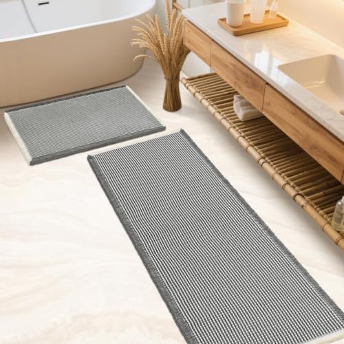 IM HOME Waffle Bath Mat Set 2 Piece Darkgrey & Cream,Woven Modern Bath Rug Mats, Absorbent Non Slip Bath Floor Mat, Soft Washable Boho Bath Rugs with Tassels for Bathroom, Bedroom,Tub