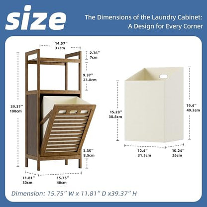 HITNET Bamboo Tilt Out Laundry Hamper, Bathroom Storage Cabinet with Hidden Removable Basket and 2 Open Shelves, Space Saving Bamboo Storage for Clothes, Towels and Toys, Walnut