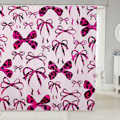 jejeloiu Cute Bowknot Shower Curtain for Bathroom Decor 72"x78" Pink Black Girls Bow Bath Curtain Kawaii Leopard Bathroom Accessories Waterproof Polyester Fabric for Stalls Bathtubs Princess Decor