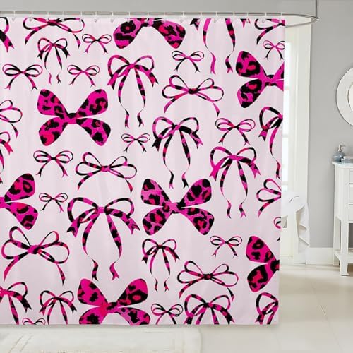 jejeloiu Cute Bowknot Shower Curtain for Bathroom Decor 72"x72" Pink Black Girls Bow Bath Curtain Kawaii Leopard Bathroom Accessories Waterproof Polyester Fabric for Stalls Bathtubs Princess Decor