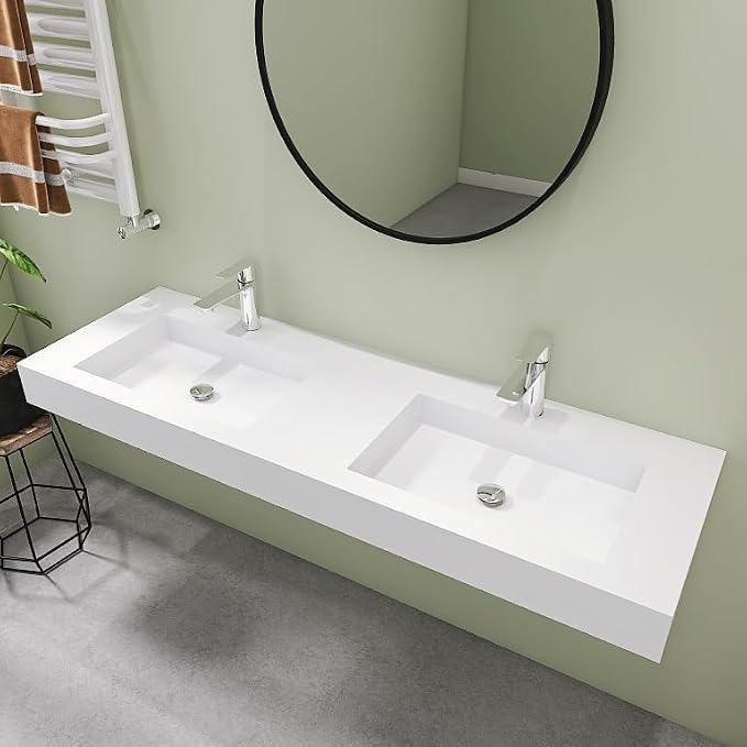 SJ STAR&JANE 59" x 19" Solid Surface Bathroom Double Vessel Sink, Wall Mounted Sink, Stone Resin Countertop With Double Bowl in Matte White Rectangle Double Floating Vanity Sink Durable Modern Design