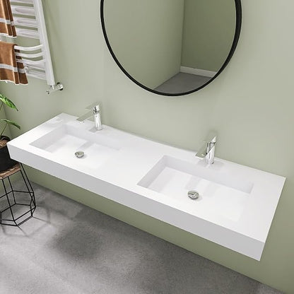SJ STAR&JANE 59" x 19" Solid Surface Bathroom Double Vessel Sink, Wall Mounted Sink, Stone Resin Countertop With Double Bowl in Matte White Rectangle Double Floating Vanity Sink Durable Modern Design