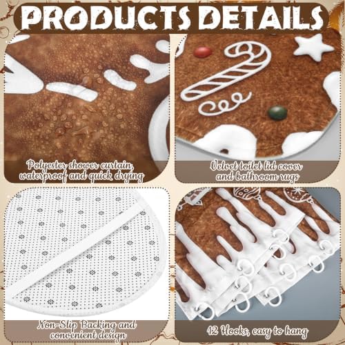 FuWeave 8Pcs Gingerbread House Christmas Shower Curtain Set, Cookie Santa Snowman Bathroom Decor, Non-Slip Bath Rug, U Mat, Toilet Lid Cover, Hand Towels & 12 Hooks, Xmas Winter Home Decor