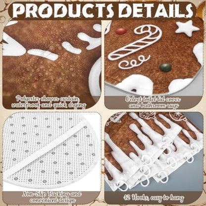 FuWeave 8Pcs Gingerbread House Christmas Shower Curtain Set, Cookie Santa Snowman Bathroom Decor, Non-Slip Bath Rug, U Mat, Toilet Lid Cover, Hand Towels & 12 Hooks, Xmas Winter Home Decor