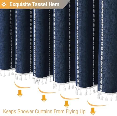 BTTN Navy Blue Boho Farmhouse Linen Heavy Duty Shower Curtain Set, 72x72