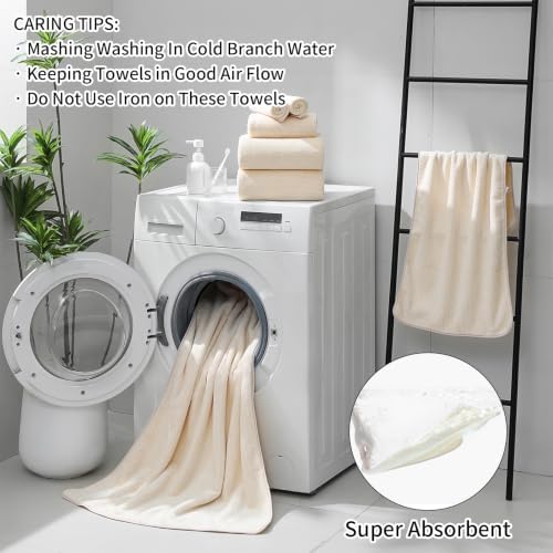 Ultra Soft Bath Towel Set,12 Piece (4 Bath Towels,4 Hand Towels,4 Washcloths) Family Bathroom Towel Set with Hanging Loops,Quick Dry Extra Absorbent Fluffy Shower Towel for Bathroom,Hotel,Spa-Beige