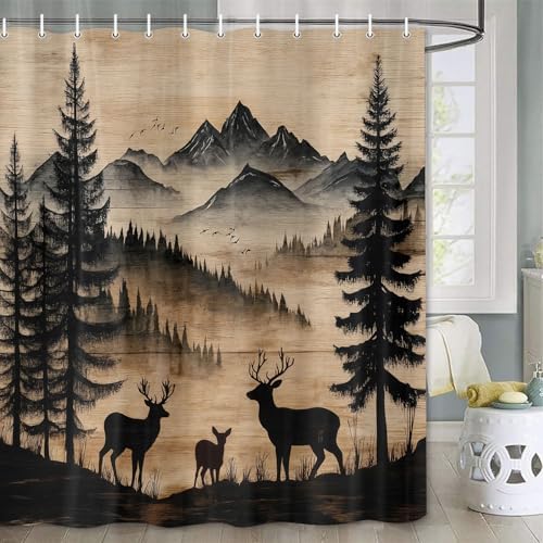 Rustic Deer Shower Curtain, Cabin Country Wood Lodge Hunting Wild Animal Vintage Farmhouse Hunting Camping Camper RV Bathroom Decor Polyester Fabric Mens Bath Curtain Set with Hooks,70X85IN