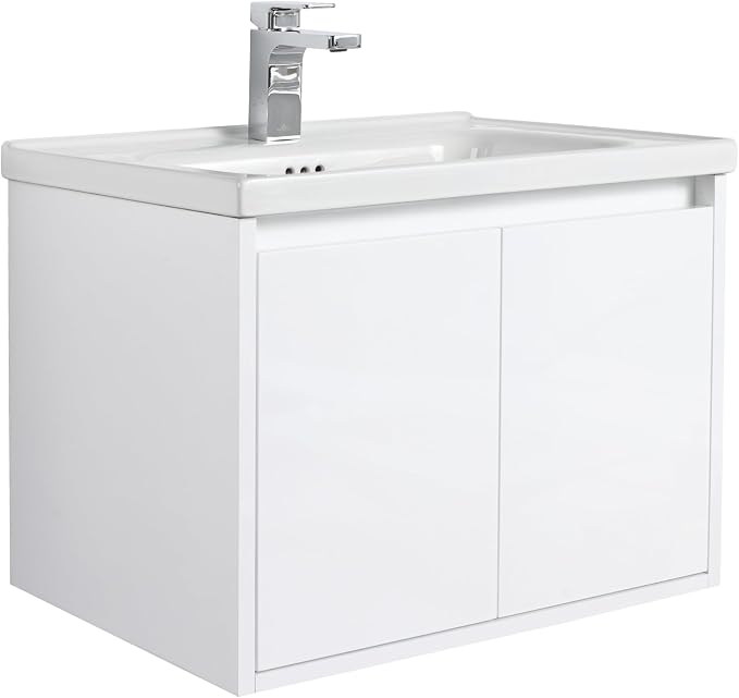 Blossom 24 Inch Glossy White Plywood Floating Bathroom Vanity with Ceramic Sink, Preassembled Wall Mounted Small Bathroom Vanity Cabinet with Soft Close Doors