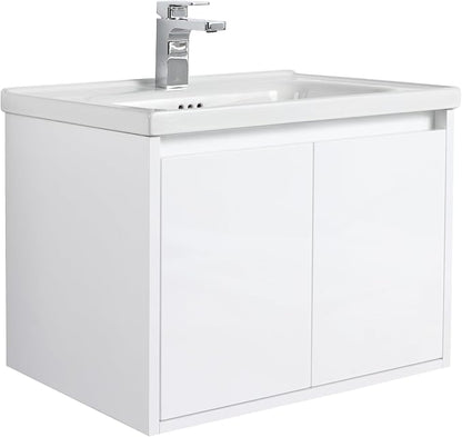 Blossom 24 Inch Glossy White Plywood Floating Bathroom Vanity with Ceramic Sink, Preassembled Wall Mounted Small Bathroom Vanity Cabinet with Soft Close Doors