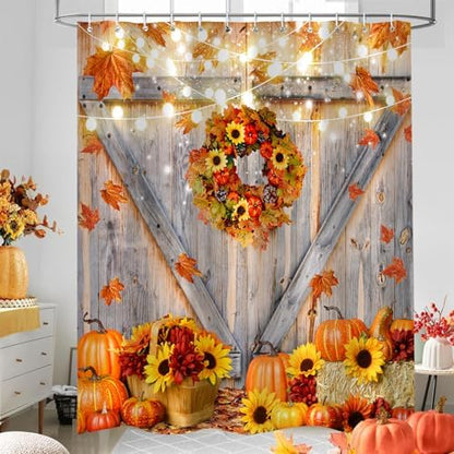 Fall Shower Curtain, Rustic Autumn Pumpkins Wood Barn Door Sunflowers Thanksgiving Harvest Farmhouse Bathroom Decor, Waterproof Cloth Fabric Bath Curtain with Hooks 72 x 72 inch