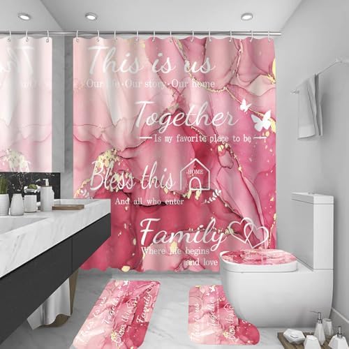 4Pcs Family Marble Shower Curtain Sets with Rugs