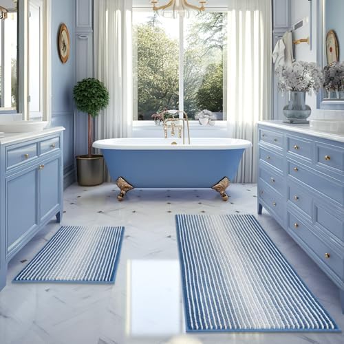 BSICPRO Bathroom Rugs Sets 2 Piece, Non Slip Striped Bath Mats, Sky Blue