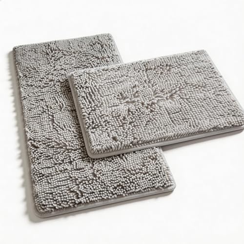 Bathroom Rugs Sets 2 Piece Plush Chenille Bath Rugs Non-Slip Bath Mats Absorbent Shaggy Rugs,Bathtub Mat, Gray Pet Dog Mats,Washable Bathroom Carpet for Tub, Shower, Washroom- 32x20 + 24x16 Inch