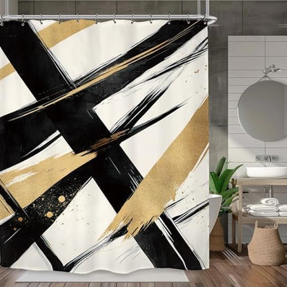 Abstract Modern Minimalist Shower Curtain 60Wx72L Inch Black Gold Neutral Contemporary Art Aesthetic Simple Bathroom Set Accessories Decor with 12 Pack Hooks