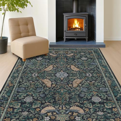 Washable 6x8 Blue Floral Area Rug for Living Room, Boho Farmhouse Dining Room Rug, Low Pile Soft Bedroom Carpet, Plant & Bird Pattern Home Décor, Non Slip & Stain Resistant