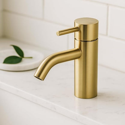 Brushed Gold Bathroom Faucet, Single Hole Bathroom Sink Faucet Modern Single Handle Vanity Faucet with Pop-up Drain and Supply Lines,100102-BG