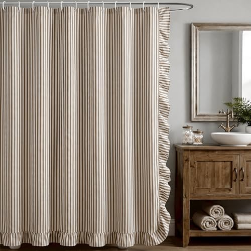 HunnmingRe Farmhouse Ruffled Striped Shower Curtain 72 x 72 Inch Brown Faux Linen Vintage Rustic Boho Stripe Shower Curtain with 12 Hooks for Bathroom Bathtubs Natural Decor